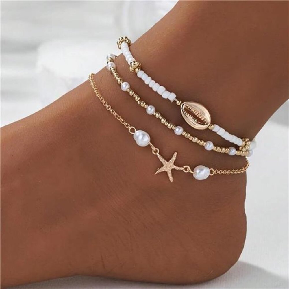 Bead Ankle Bracelets Set For Women, Adjustable Gold Boho Shell Anklet, Hawaiian